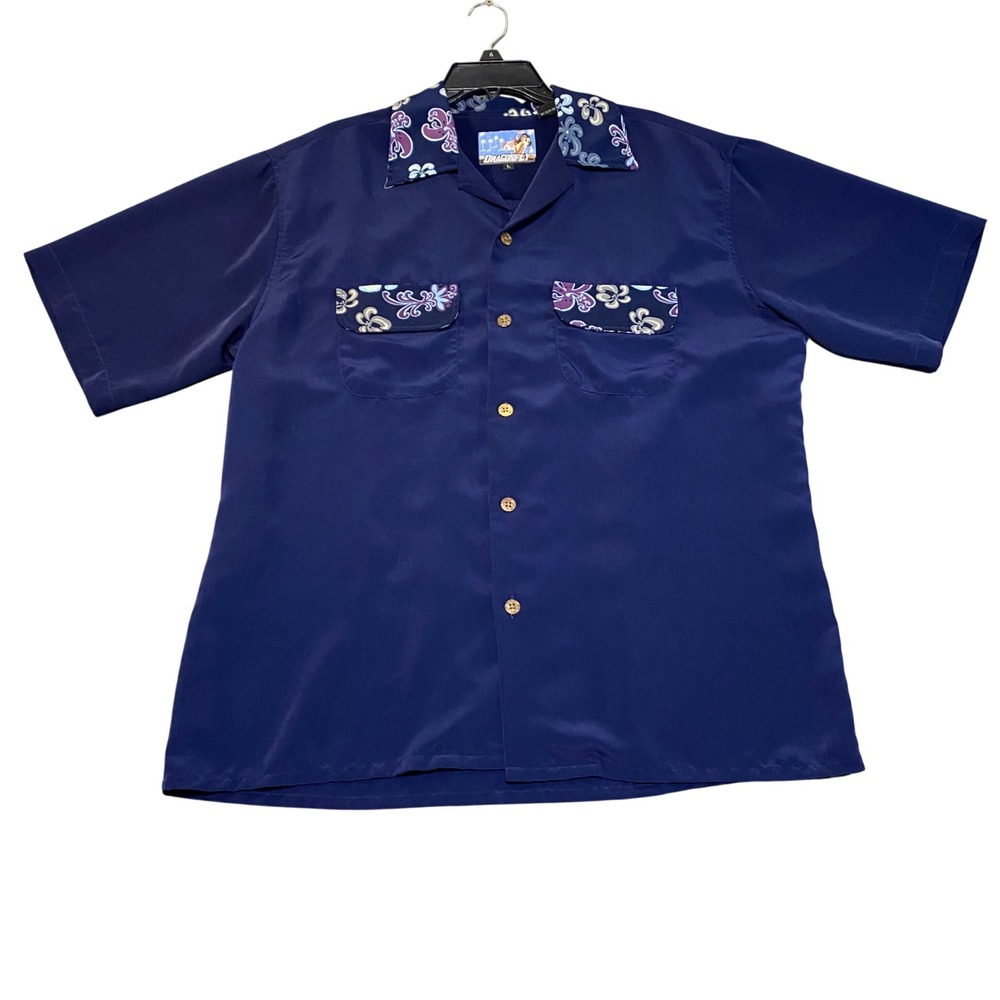 Dragonfly Mens Navy Blue Pin Up Girl Embroidered Bowling Shirt Floral Large